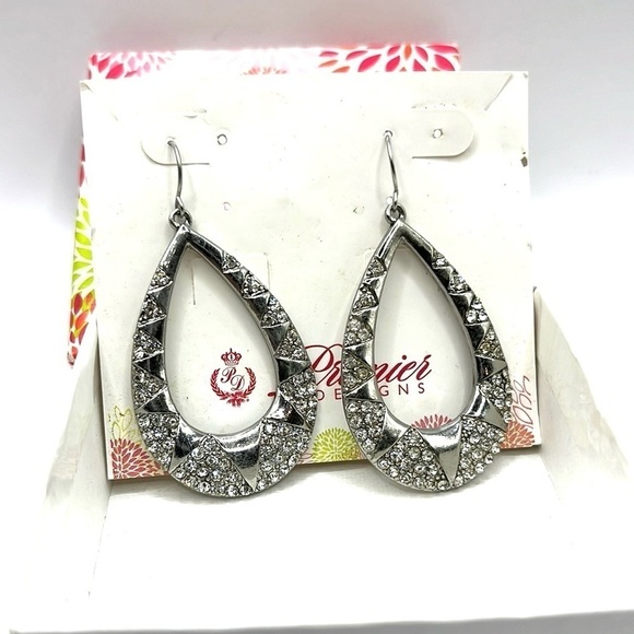 Premier Designs Drop Earrings Large Silver Tone and Rhinestone Earrings - Picture 1 of 7